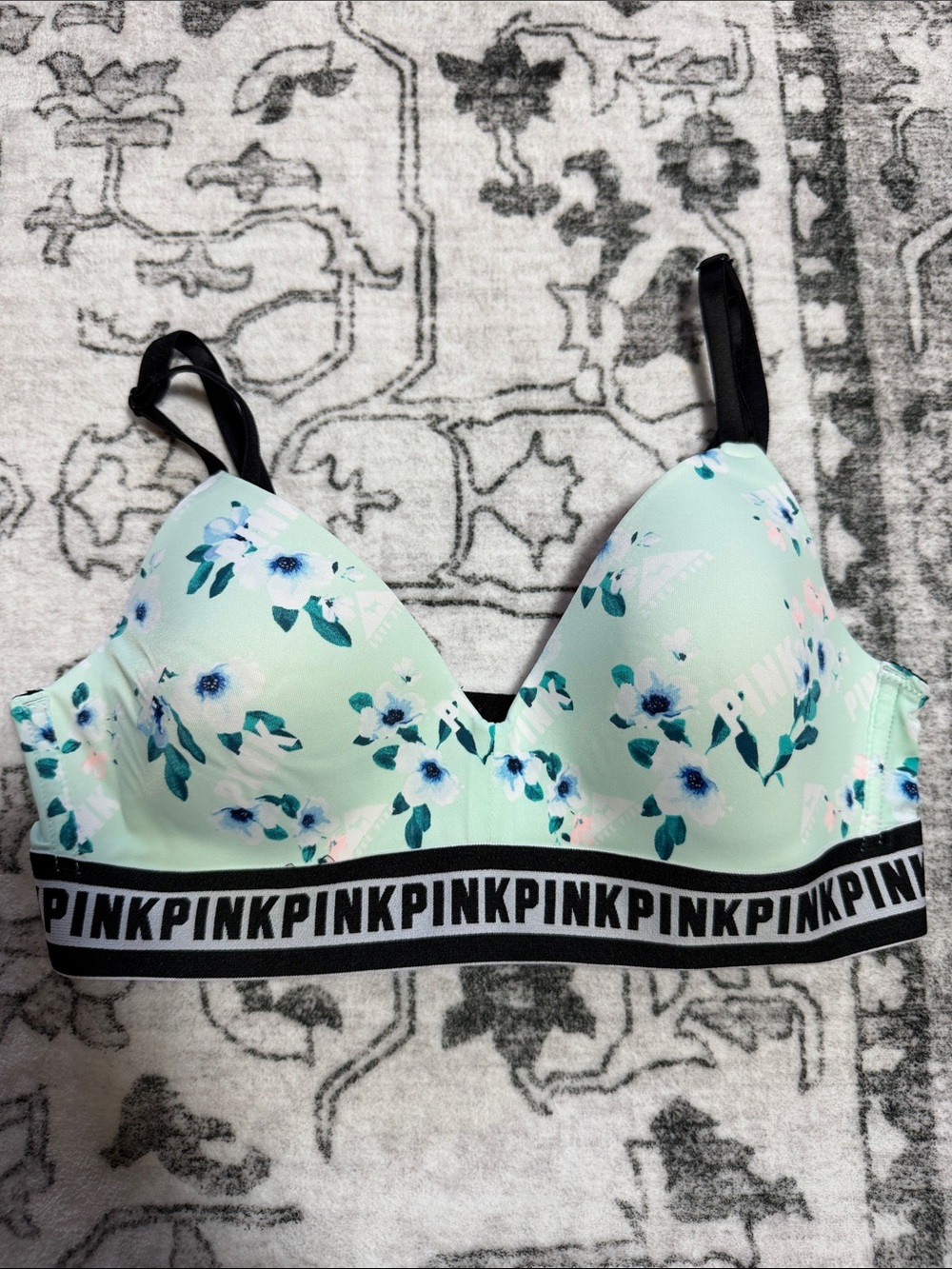 PINK Victoria's Secret Mint Floral Wireless Bralette with Black Logo Band